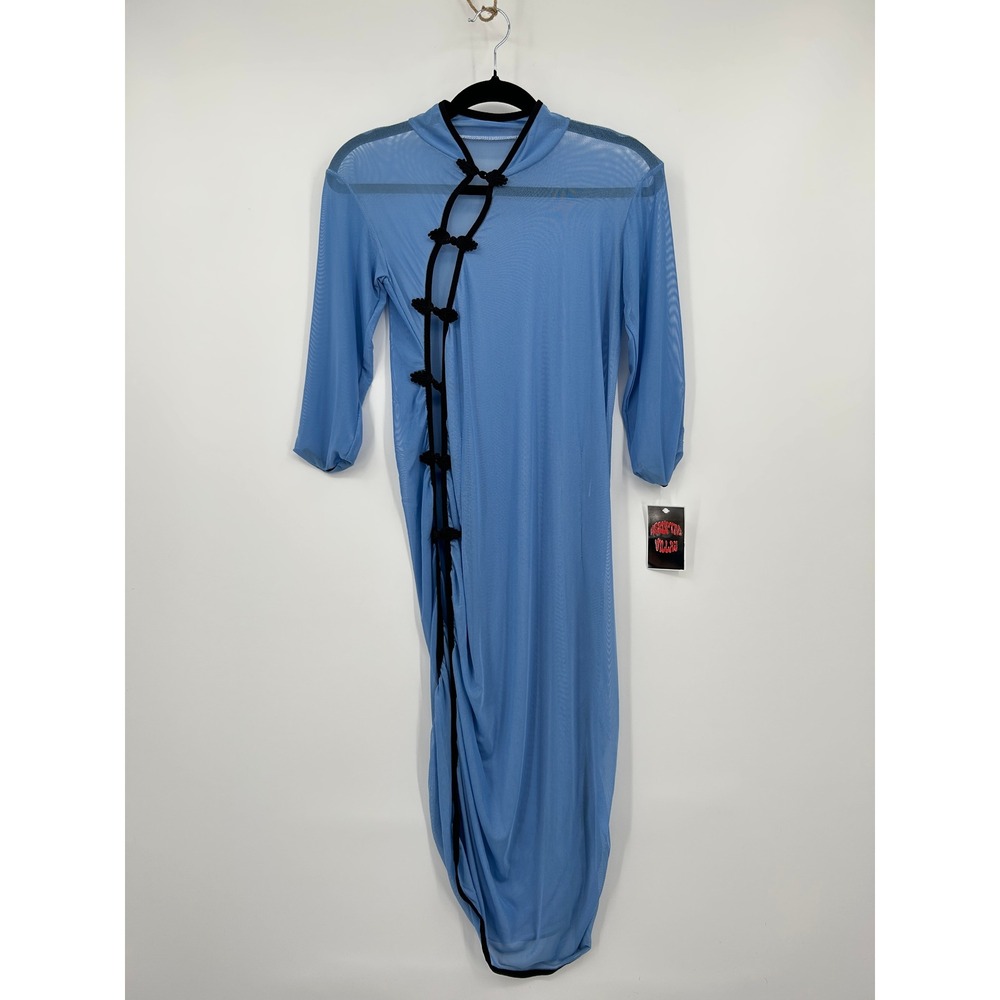 Blue Sheer Mesh Frog Knot Asymmetric Midi Dress Womens Small - Picture 3 of 12